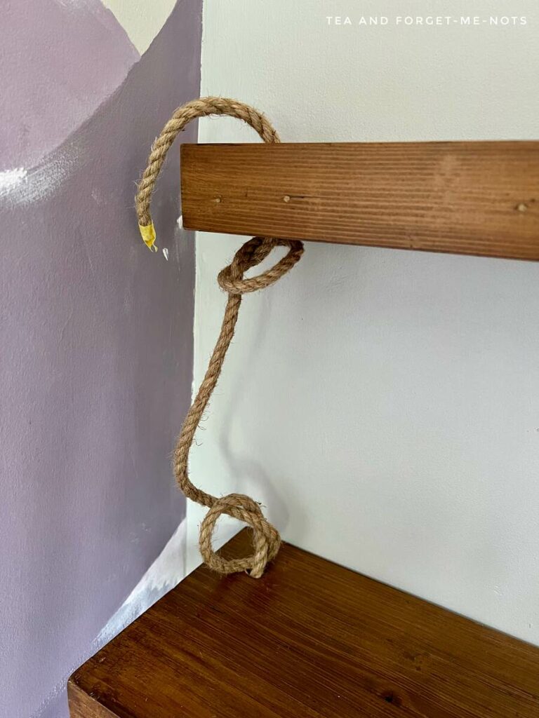 Add rope to DIY wooden floating shelves