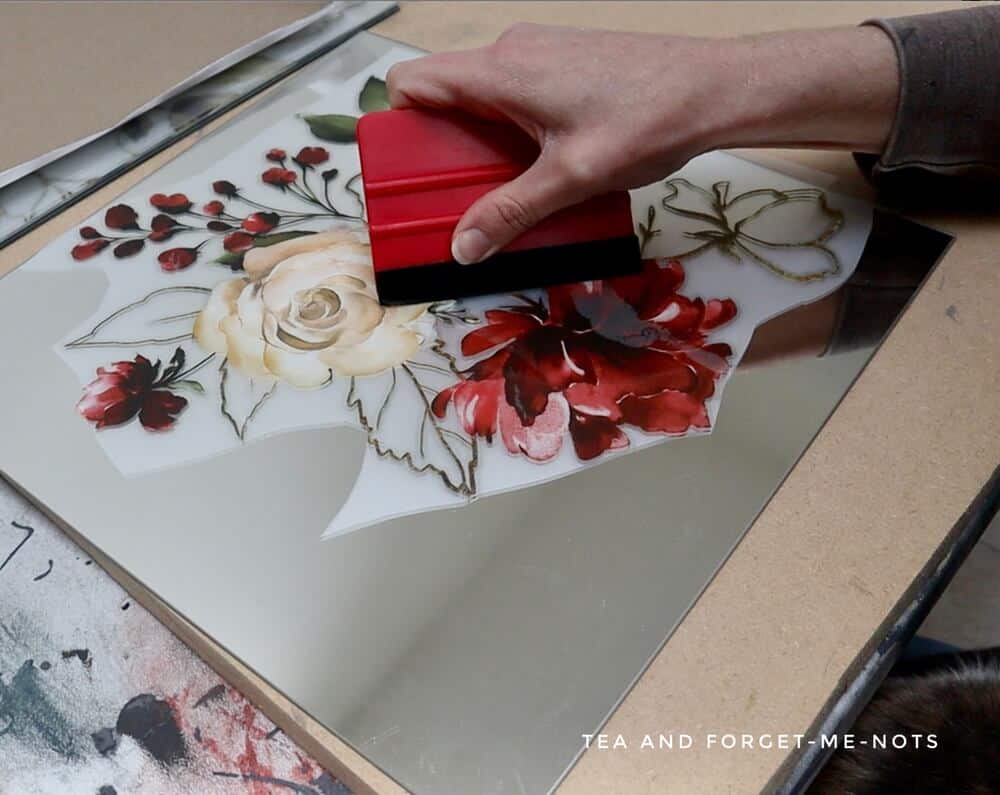 Attaching floral transfer to diy wood mirror