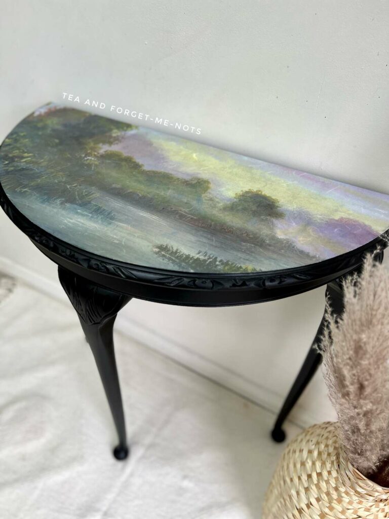 Black painted half moon table with decoupage 2