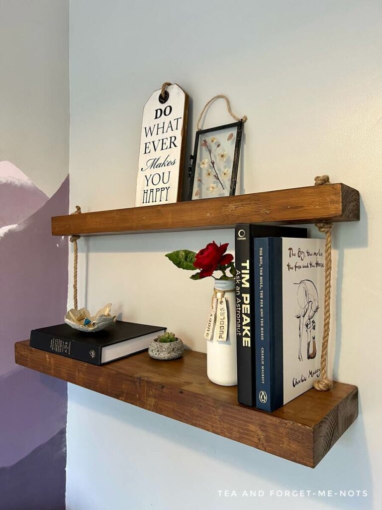 DIY floating shelves with rope detail