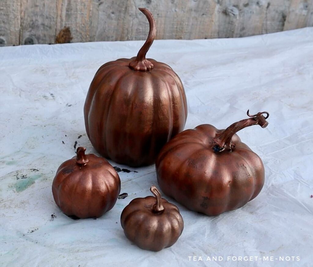 Dried pumpkins with patina paint