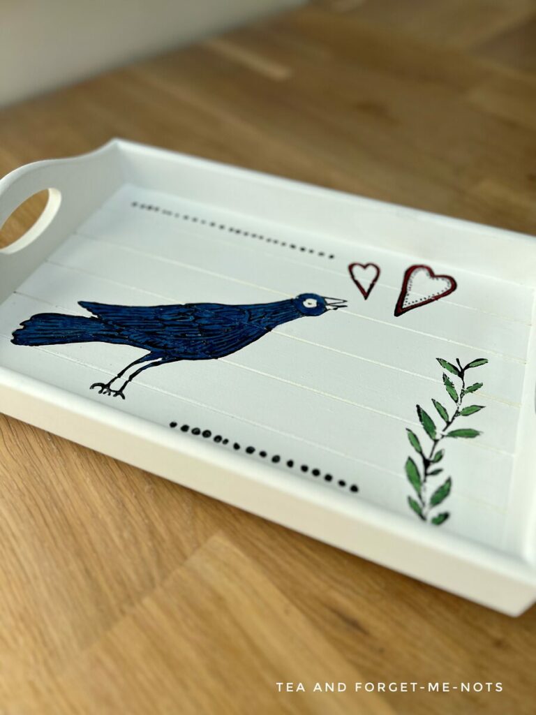 Painted breakfast table tray using decor stamp