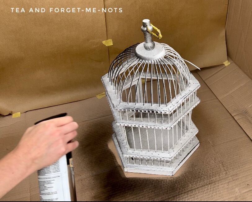 Spray painting bird cage with black paint