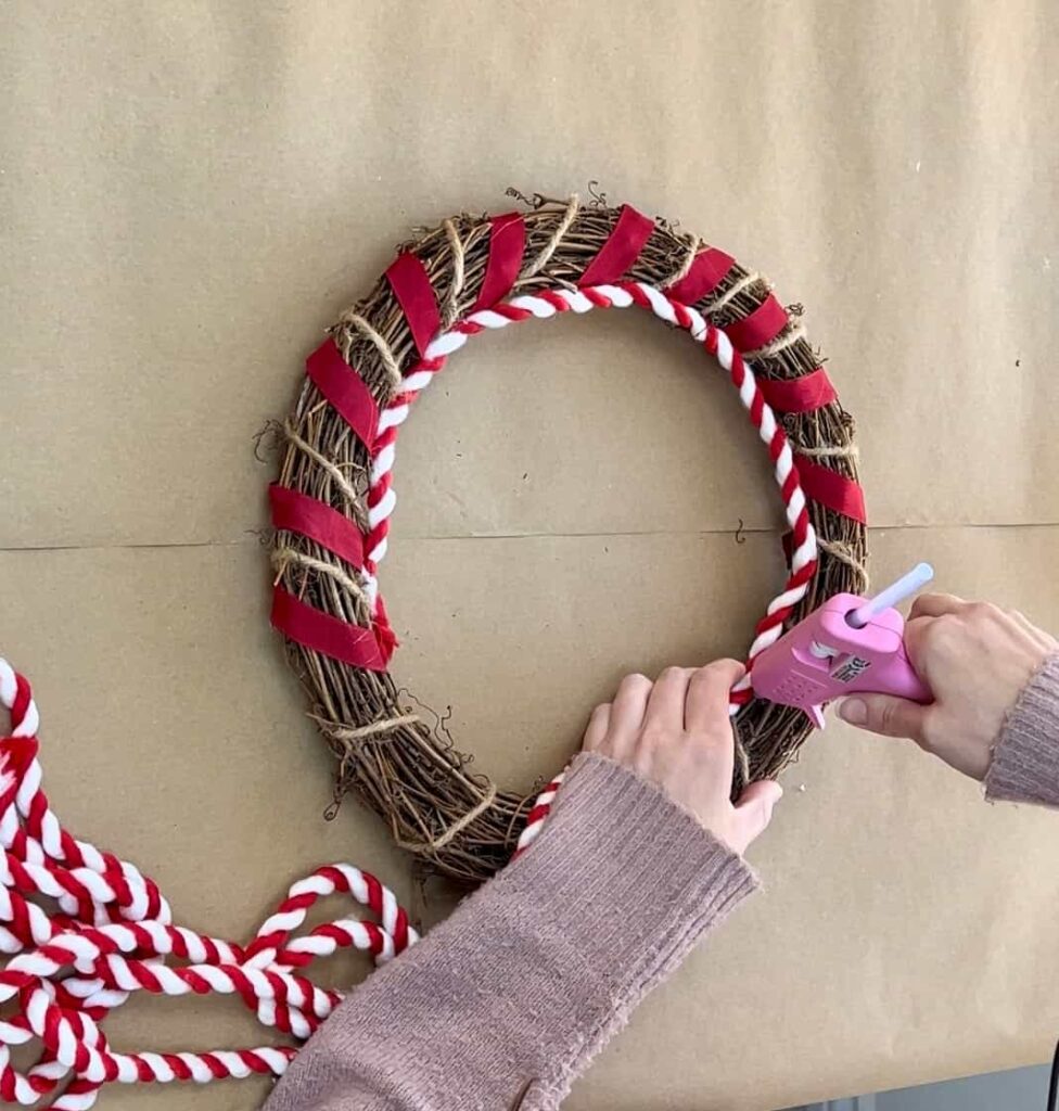 attaching candy cane ribbon with hot glue