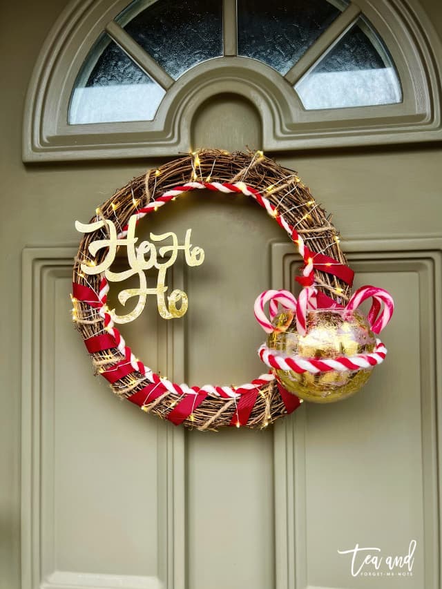 candy cane wreath on front door