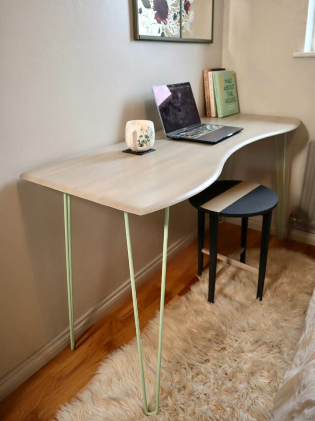 image shows Diy desk with hairpin legs.