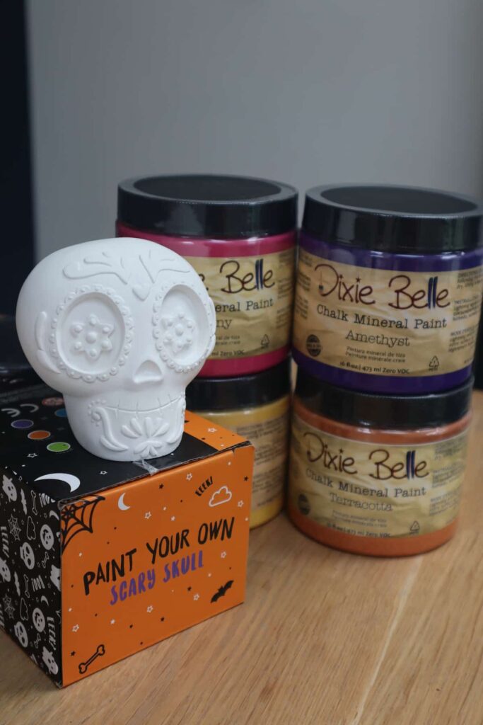 paints to decorate day of the dead skull