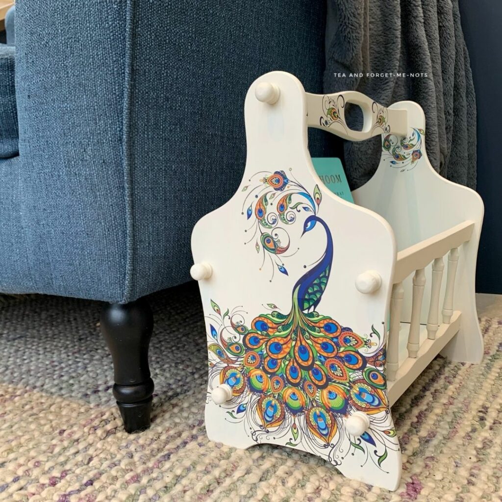 upcycled magazine rack using peacock furniture transfer