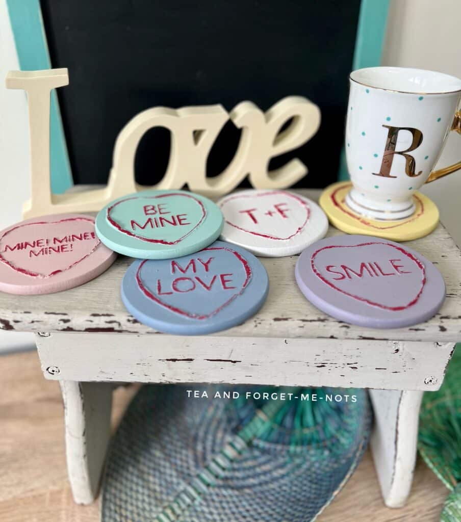 diy wood valentines gift - finished love hearts coasters close up