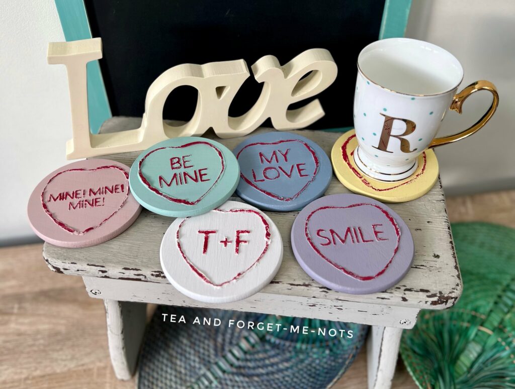 diy wood valentines gift - finished love hearts coasters