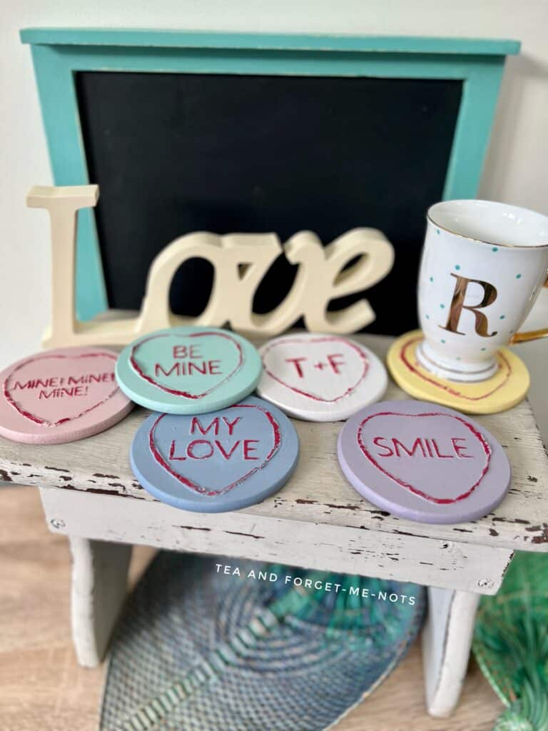Painted love hearts coasters.