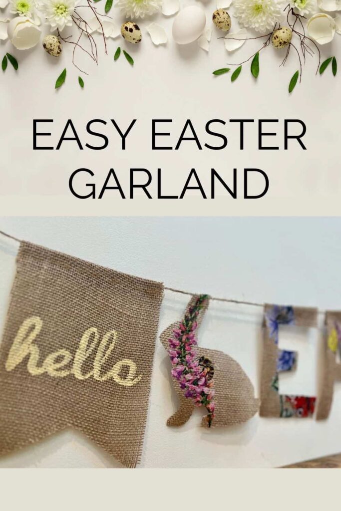 image shows pinterest pin of easter garland with easter egg decorations.