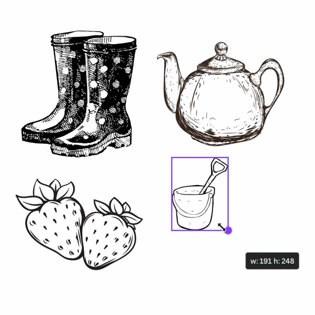 image shows black and white drawings of a teapot and other objects from canva.