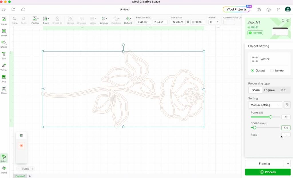 image of xtool creative space with outline of a rose.