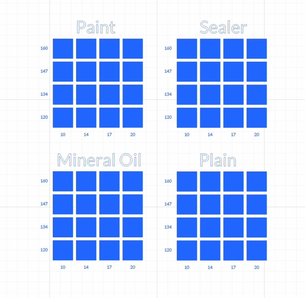 image shows grid to test our different engraving settings over multiple surfaces.