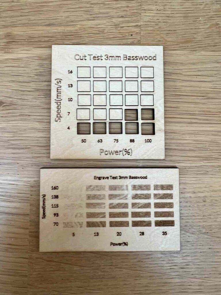 test cuts from xtool M1 machine on basswood plywood.