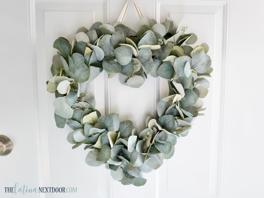 image shows heart shaped eucalyptus wreath.