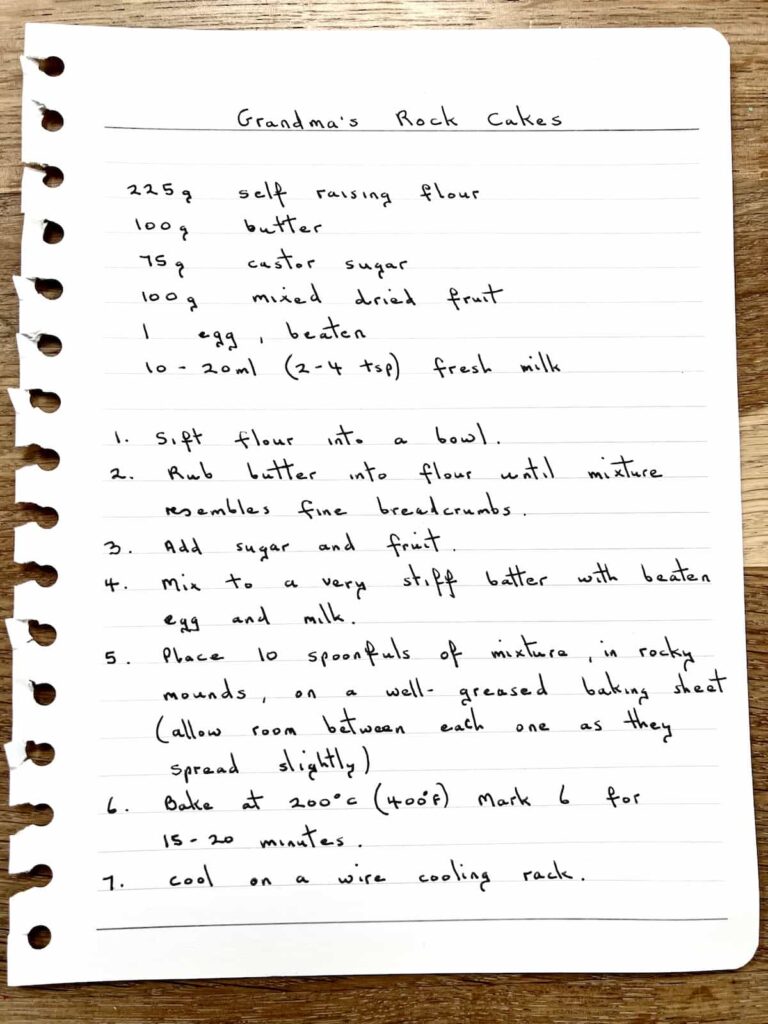 image shows handwritten cake recipe on paper.