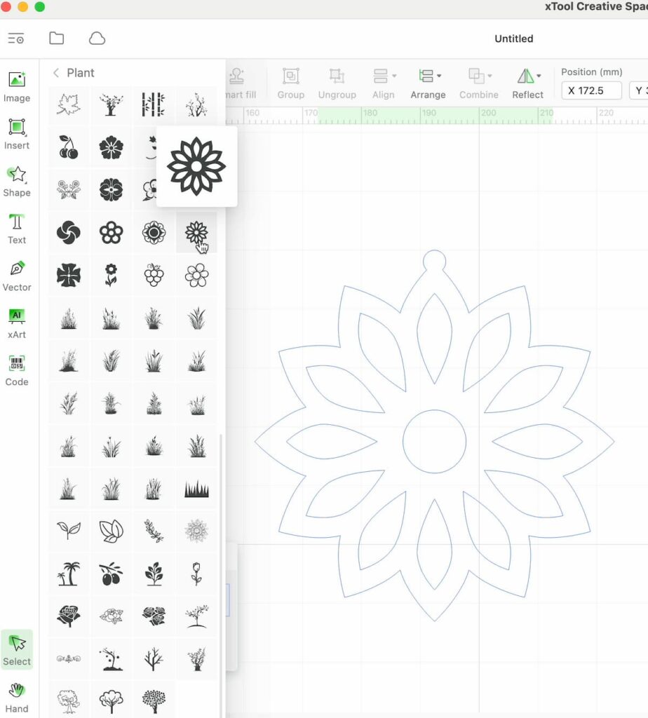 image shows the flower file within the laser cutting software.