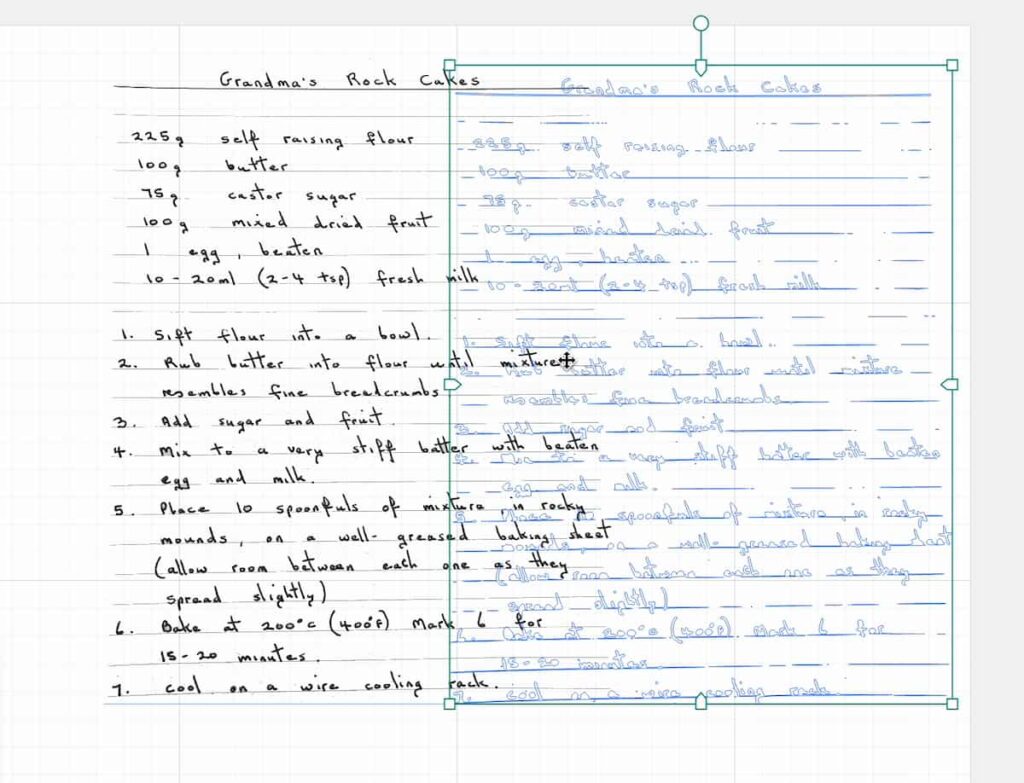 image shows duplication of handwritten recipe using trace function.