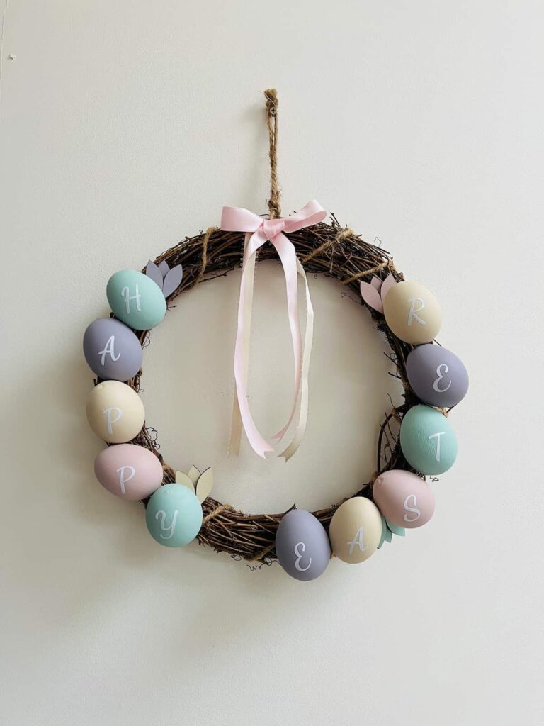 image shows easter wreath made with real eggs.