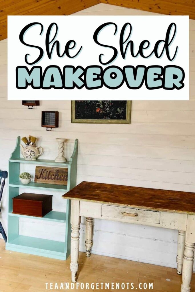 images shows pinterest pin image of she shed makeover.