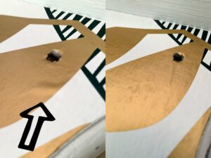 Before and after photo of ironing again to remove bubbles - how to decoupage wood furniture