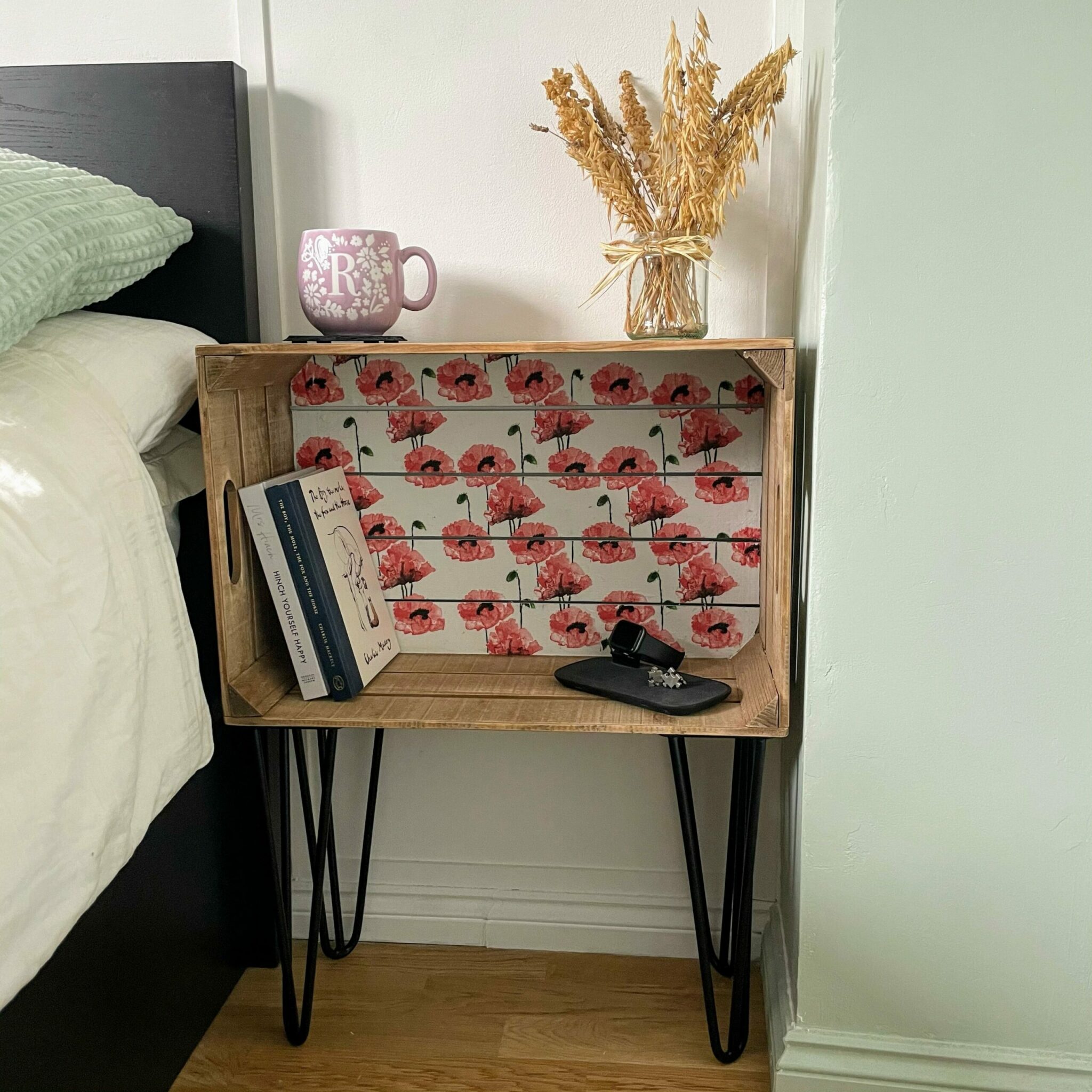 Finished decoupaged apple crate table