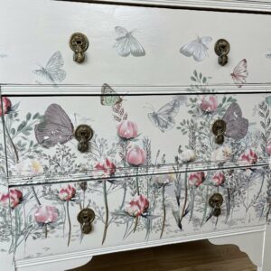 Close up of the transfer on the finished floral chest of drawers