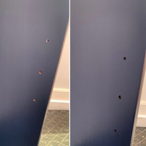 Before and after of using a felt tip pen to hide the holes - free bookshelf makeover