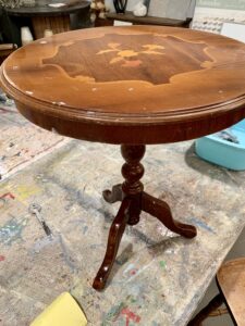 Original brown table with marquetry 