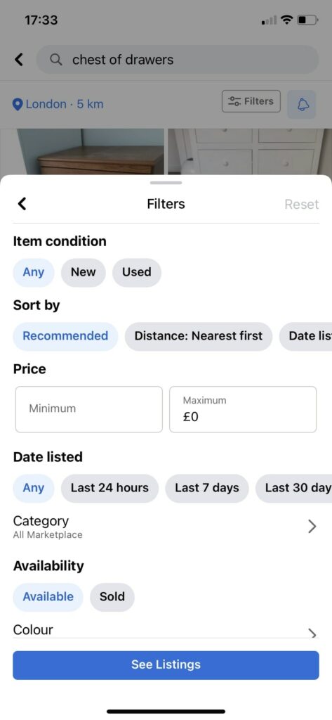 Use filters to find the furniture you want for free