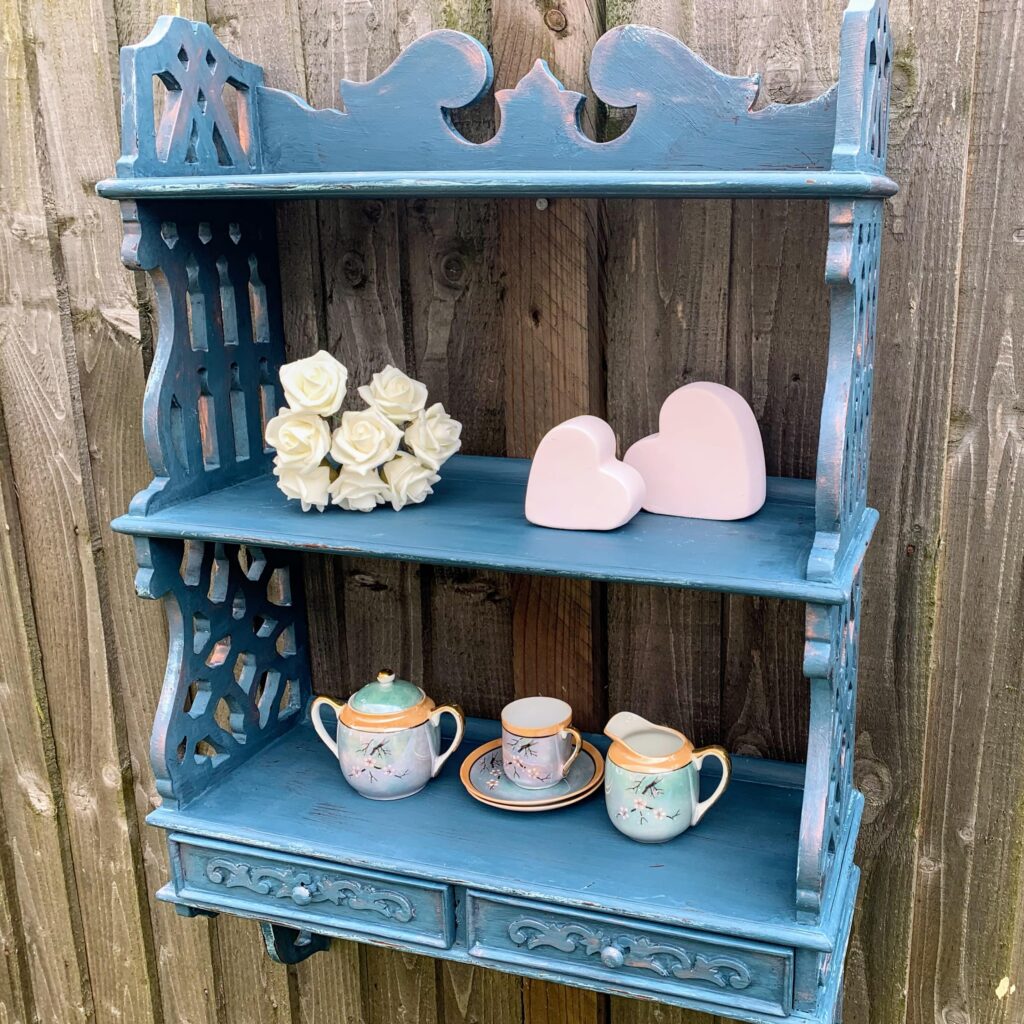 After upcycling with blue chalk paint and copper highlights