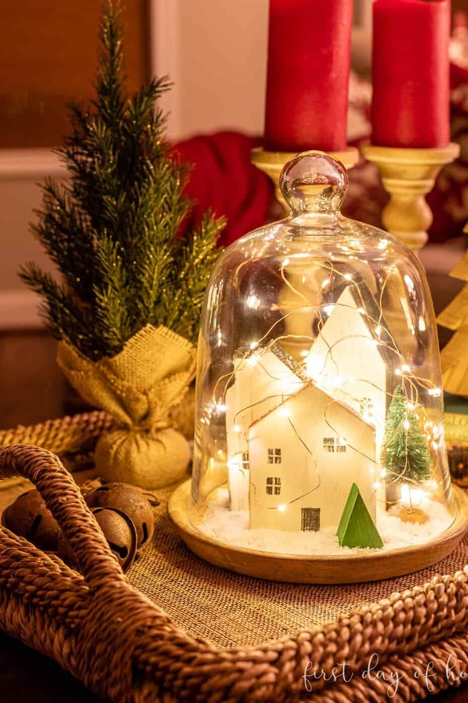 Mini wooden houses Christmas cloche night
