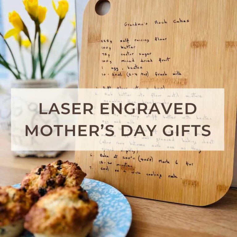 image shows laser engraved chopping board with blog post text on top.