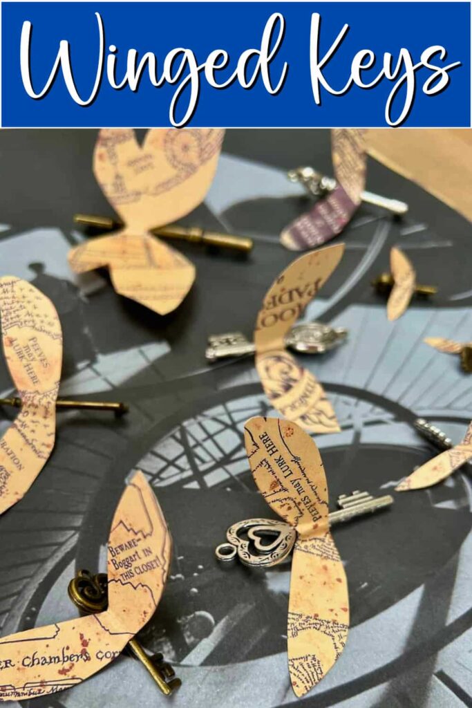image shows upcycled winged keys from marauders map and old keys.