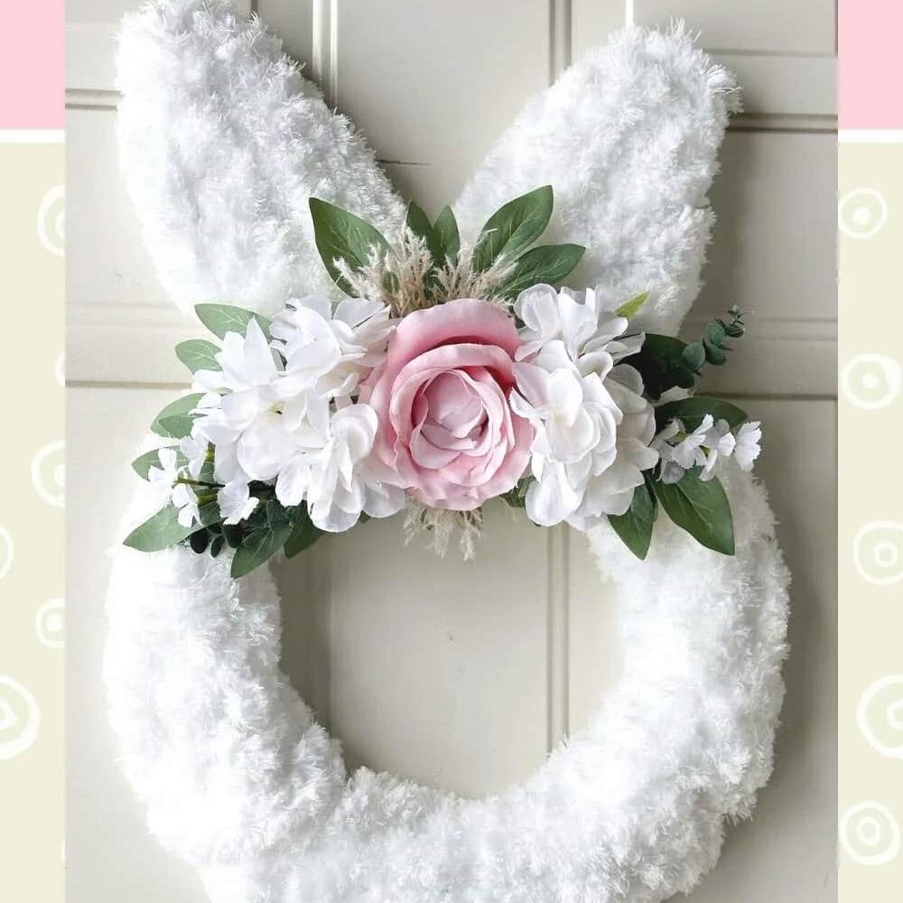 image shows white fluffy bunny wreath.