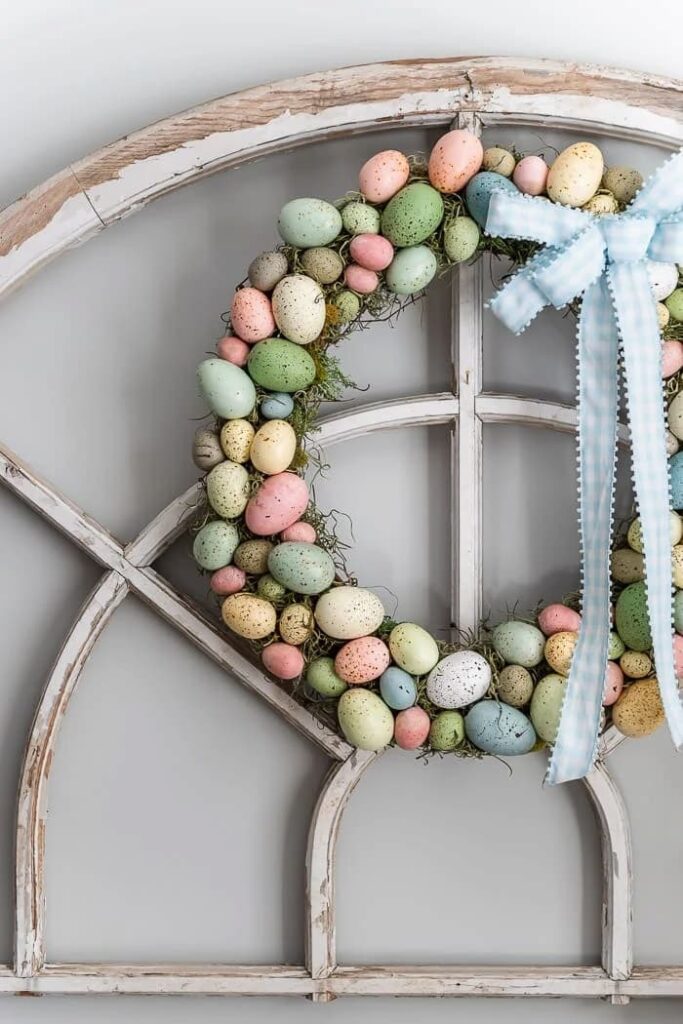 image shows pastel easter egg wreath.